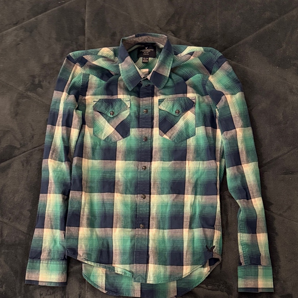 American Eagle Outfitters Navy and Teal Checkered Shirt